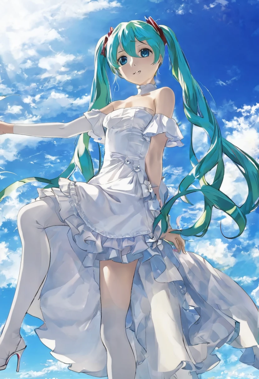 
Hatsune Miku is sitting under the blue sky。
She is wearing a white off-the-shoulder dress。