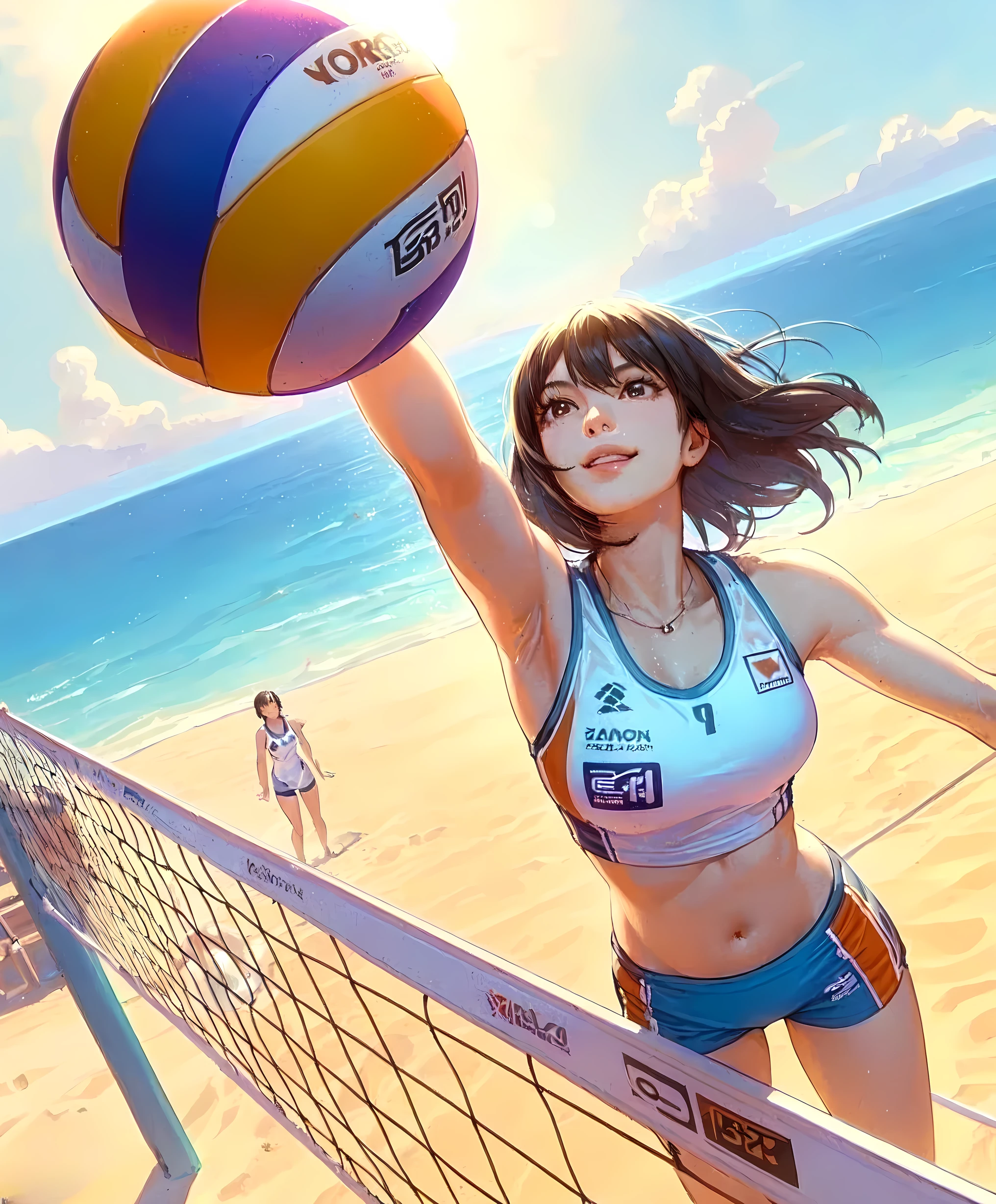 1lady solo, from above, (jumping high) (right next to net), (looking up at ball), (swinging one arm to hit ball) spiking, (dynamic posing), (beach volleyball player), (uniform with company logo) cropped top, (mature female:0.8), /(black hair/) bangs, light smile, (teeth:0.8), (masterpiece best quality:1.2) delicate illustration ultra-detailed, medium breasts, (muscle:0.6) BREAK (sandy beach) outdoors, (beach volleyball court), flying sand, blue sky, detailed background