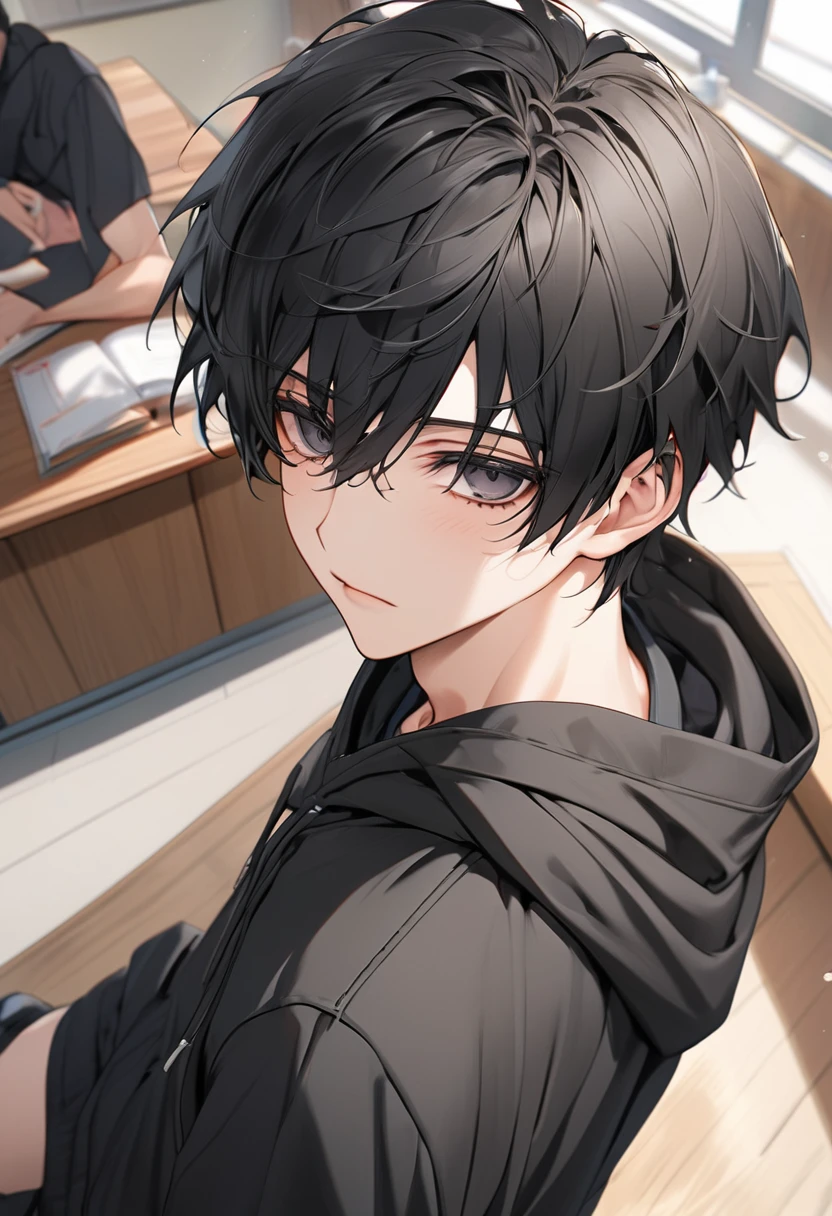 A highschool boy, handsome, perfect body, black hair, short hair, mullet, black eyes, upturned eyes, expressionless, black hoodies, anime, first-person view, masterpiece, anatomically correct, high details, highres, best quality, super detail