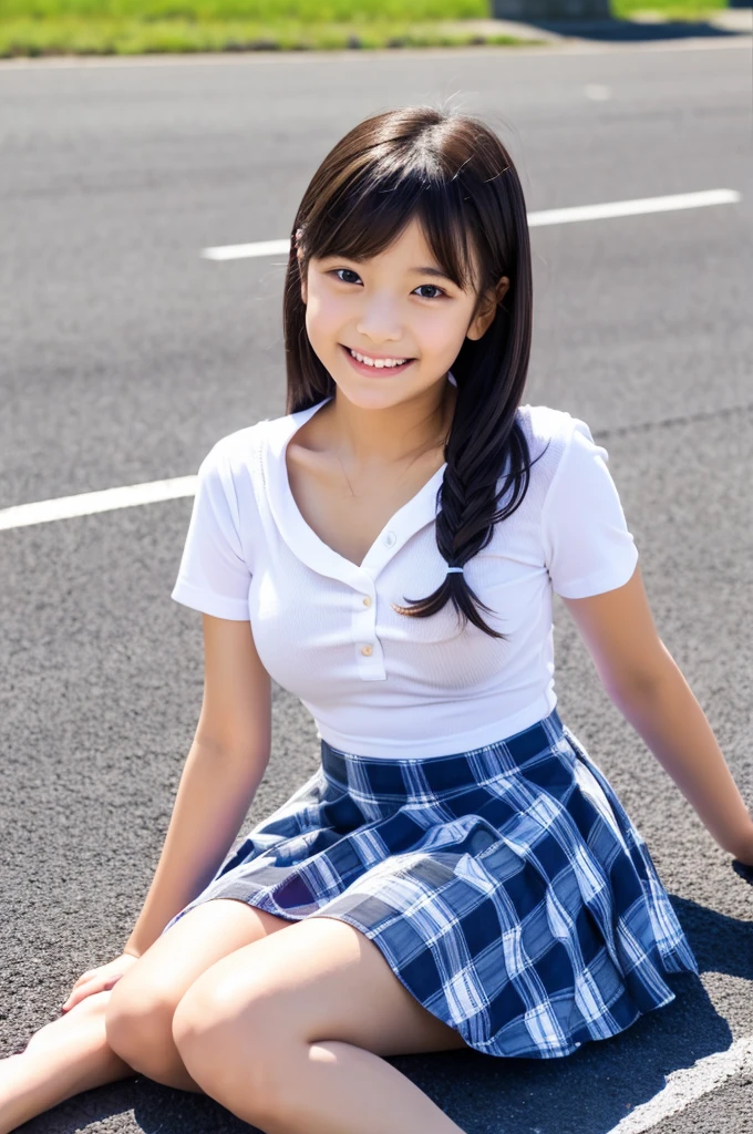 8K,masterpiece,Japanese,11-year-old girl,from the front,smile,cute,Innocent face,Innocent,Kind eyes,Childish,(Plain T-shirt,Short sleeve,Blue checked short skirt),semi-long,Hair blowing in the wind,Black Hair,Somewhat strong wind,noon,bright,Sitting、M-shaped feet, (Large Breasts:1.2),(Emphasize the chest:1.2)