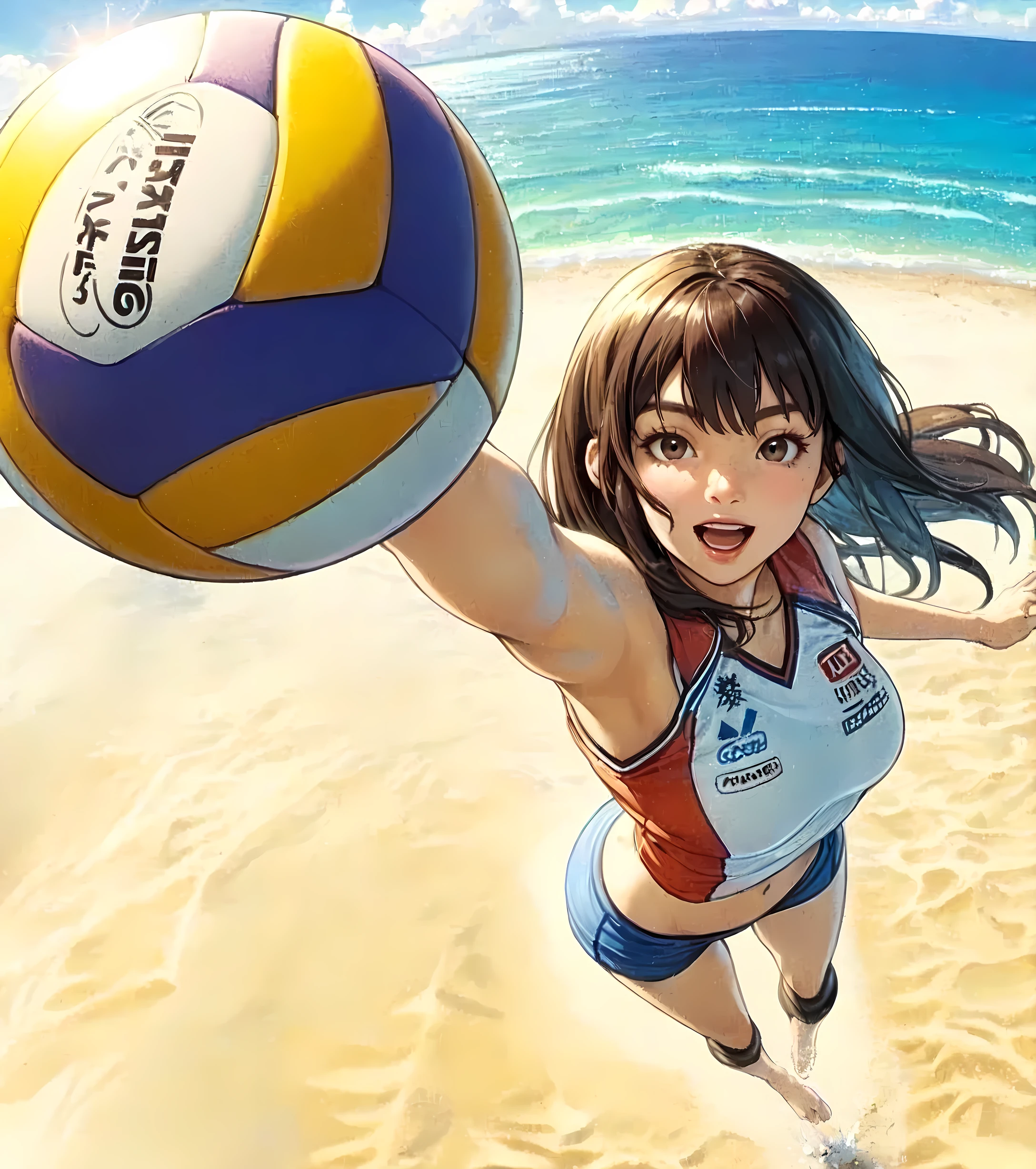 1lady solo, from above, (jumping high) (right next to net), (looking up at ball), (swinging one arm to hit ball) spiking, (dynamic posing), (beach volleyball player), (uniform with company logo) cropped top, (mature female:0.8), /(black hair/) bangs, light smile, (teeth:0.8), (masterpiece best quality:1.2) delicate illustration ultra-detailed, medium breasts, (muscle:0.6) BREAK (sandy beach) outdoors, (beach volleyball court), flying sand, blue sky, detailed background