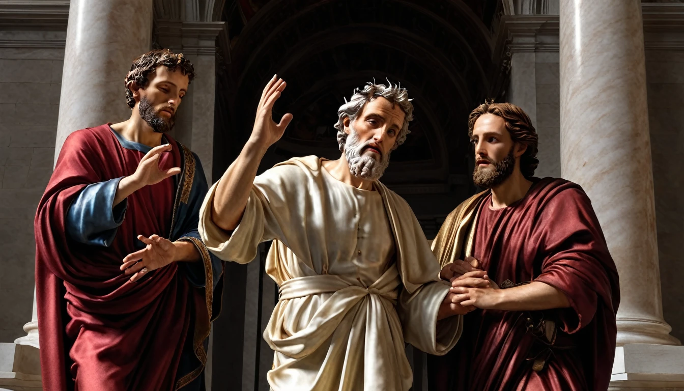 An epic representation of Saint Peter and Jesus, religious art, amazing, masterpiece, the better quality, award winner, add detailed, hyper realistic, very detailed