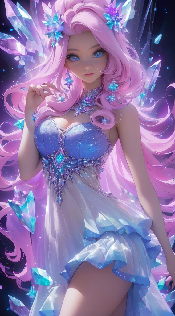 Ariana Grande dressed in a violet quartz miniskirt, Highly detailed 4K digital art, Detailed 4K digital art, Beeple y Jeremiah Ketner, Digital Cyberpunk - Arte Anime, digital artwork 4 k, High quality 8K detailed art, Estilo Art Wallpaper 4K, (mineral giant quartz background:1.4) , More detailed 8K.unreal engine:1.4,UHD,La Best Quality:1.4, photorealistic:1.4, skin texture:1.4, Masterpiece:1.8,first work, Best Quality,object object], (detailed face features:1.3),(The correct proportions),((convex,detailed fingers))   ,(Beautiful blue eyes:1.4),(perfect anatomy),(short dress with violet quartz crystals:1.4), (quartz crystals:1.4), (ropa de pink quartz crystals :1.4),(mostrando panties White:1.4) ,pink quartz crystals, (fragmentos de pink quartz crystals en el vestido:1.4), (vestido pink quartz crystals), (Long pink hair:1.4),baby  flower dress leaf