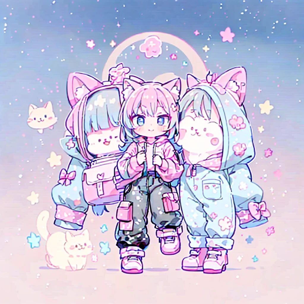 ((Highest quality，masterpiece，Extremely complex and exquisite details，A short girl with gray and blue cat ears and long hair is in the center，Gray blue super long straight hair，Curly hair at the ends，Sparse air bangs，Gray and pink T-shirt with xJ lettering，Denim hooded cropped jacket，Black and gray long cargo pants))，(pink and white sneakers，Smile slightly，Surrounded by tons of cute short-legged cats，Correct anatomy)，Super Q super cute short full body portrait，Starry sky background vertical painting space scene