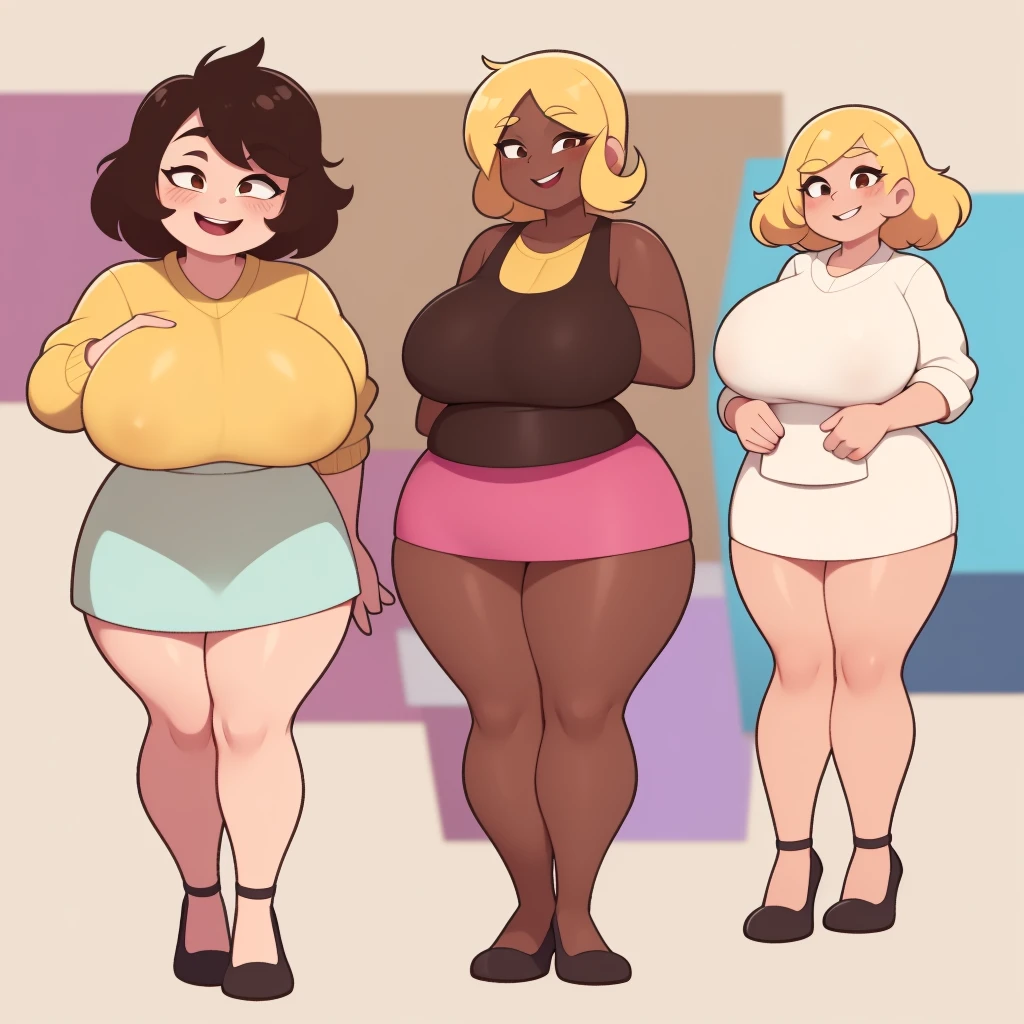 A pudgy, buxom of late adolesce with rosy cheeks, brown eyes, creamy blonde hair. She is in a white dress with a prominent bow on her waist. She has muscular, toned, realistic feet and legs. Her legs are thick, fat, curvaceous, fat, meaty, voluptuous, Rubenesque and plump. She is wearing black shoes. She is wearing a bright yellow woollen cardigan and a bright pink miniskirt. Her knees are together and she is holding a magnifying glass smiling warmly.