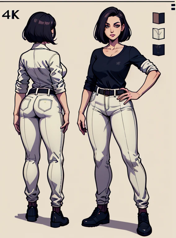 digital art, highly detailed, reference sheet, standing pose, feminine features, mature woman, adult female, whole body, bald, form-fitting, office shirt, sleeves folded up to mid arm, belt, long pants, shoes, 1woman, solo, upper body, lower body, ((Extremely Detailed)), ((Best Quality)), ((Masterpiece)), ((4k)).