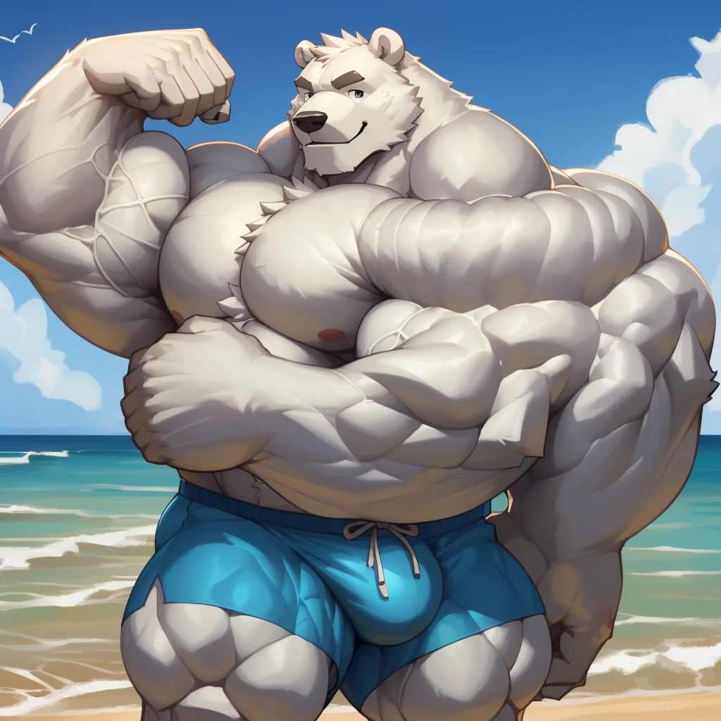 solo, 1boy, perfect anatomy, (furry white bears, polar bear,) perfect proportion,l, big eyes, wide chest, bulky, bulk, bulge, happy. Huge Muscular Old man at the beach flexing his whole body,(blue shorts), view from side, pectoral, thick arms, huge pectoral, huge white fur, wide pectoral, tropical beach background, masterpiece, semirealistic:1.2, high detailed, 8k, high resolution, perfect center, full view. ((really big muscle, massive muscular, sixpack, thick arms, wide pectoral, super huge muscle, hyper muscular, over sized muscle, huge arms, big arms, huge pectoral))