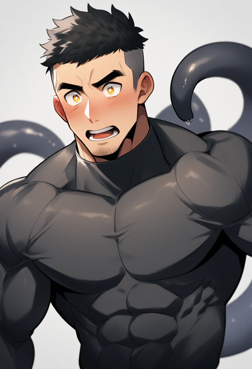anime characters：Superhero in tights, negro black skin, He was entangled by a large number of thick black tentacles, Very stout, Lots of mucus, Wrap around the neck, Wrap around the waist, Tightly tied, Manliness, male focus, Yellow and black high collar long sleeve tight T-shirt, Slightly transparent material, Very tight, Round, full and perky chest muscles, Male dog waist, Slightly transparent, muscular male, muscular, only, Upper body, alone, Black short hair, Thick eyebrows, stubble, Yellow eyes, Grey background, simple background, amazing quality, best aesthetics, Ridiculous, bright pupils, crew cut, parted lips, blush, open mouth, scared, drop shadow, best quality