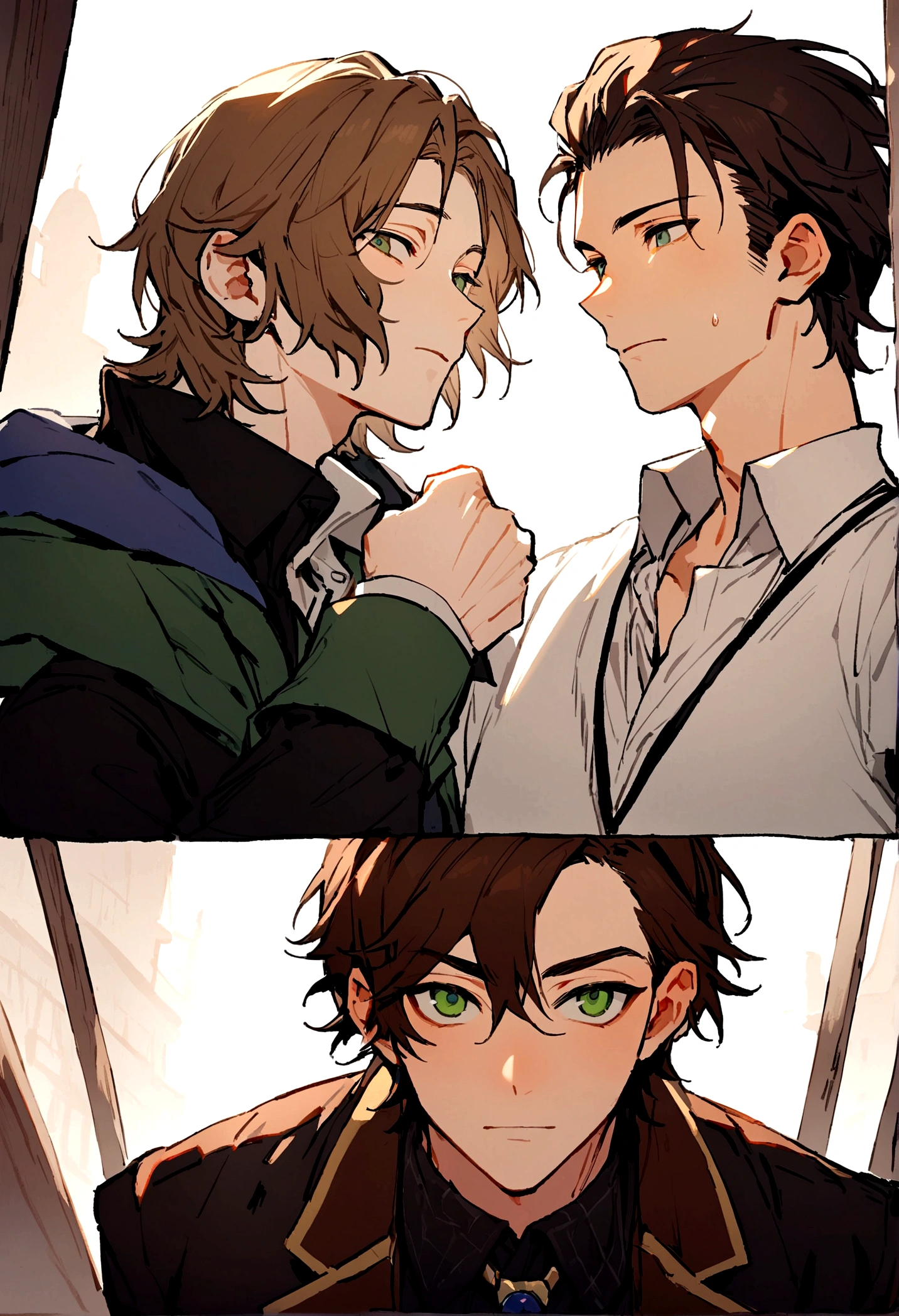 two men, John and Luke. John is 43 years old., Tall and stocky with short brown hair and green eyes.. Luke is 16 years old., Handsome and strong with thick brown hair and innocent eyes..