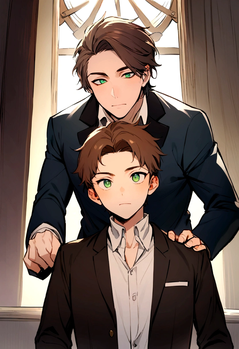 two men, John and Luke. John is 43 years old., Tall and stocky with short brown hair and green eyes.. Luke is 16 years old., Handsome and strong with thick brown hair and innocent eyes..