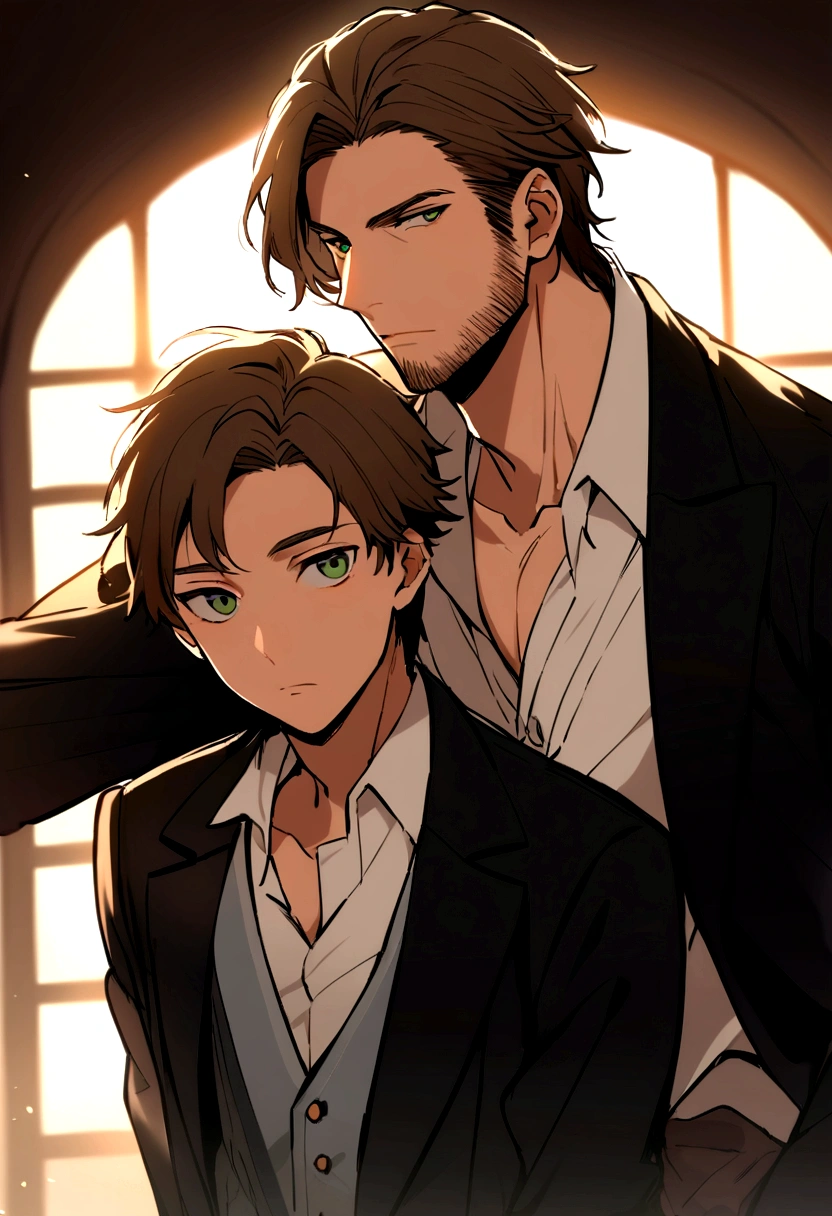 two men, John and Luke. John is 43 years old., Tall and stocky with short brown hair and green eyes.. Luke is 16 years old., Handsome and strong with thick brown hair and innocent eyes..