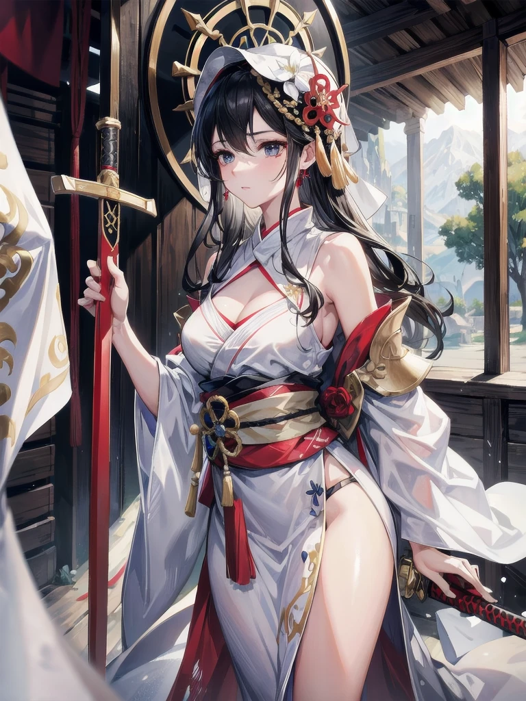 absurdres, RAW photo, extremely delicate and beautiful, masterpiece, Best Quality, ultra high resolution, 32k, hyperrealistic, ultra-detailed, delicate facial features, beautiful detailed woman, tearful mole, earring, medium breasts, full body shot, medium hair, black hair, wavy hair, inside shrine, red-black costume, holding a sword, Onmyoji, nobushi, Flowing white robe,