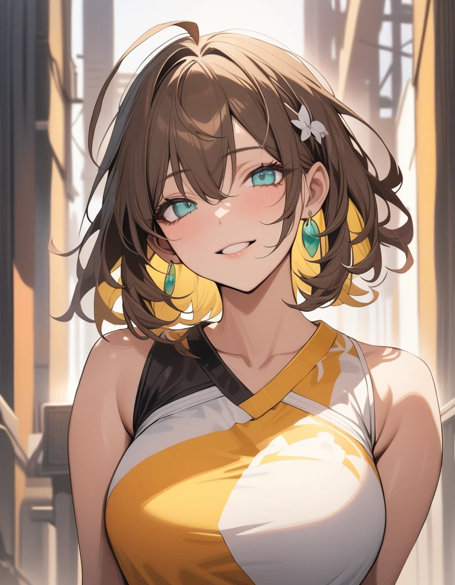 (Highest quality:1.2, High Detail, masterpiece:1.2, Best aesthetics), (1 girl), Beautiful woman, Beautiful detailed eyes, Beautiful detailed lips, Highly detailed face, Delicate depiction of hair and eyes, Detailed Fashion, (detailed background:1.2) ((Portraiture, Cowboy Shot)), Aqua Eye, huge ahoge, Mouth open, Earrings, View your viewers, big breasts, upper body, full body from knees to head, gaze away, gaze into the distance, smile lightly, fancy nails, bracelet, medium hair, yellow color inner hair, brown hair, separate, cheerleader, frilled skirt