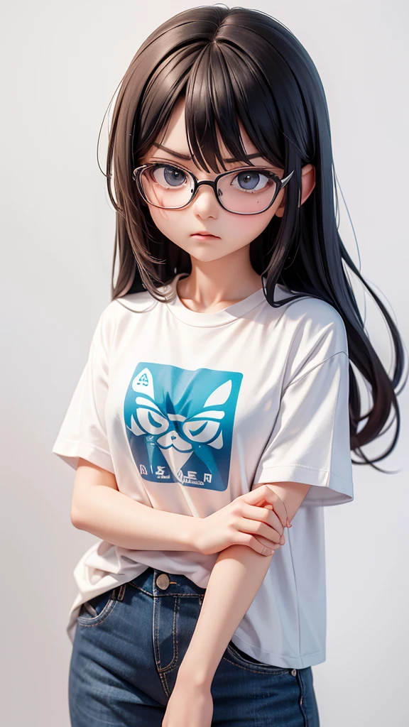 (Highest quality:1.2)。One Woman。Glasses。Angry expression。(Wearing a shirt)。(standing)。The background is a white。(the word "SELA" is written on his shirt ) 