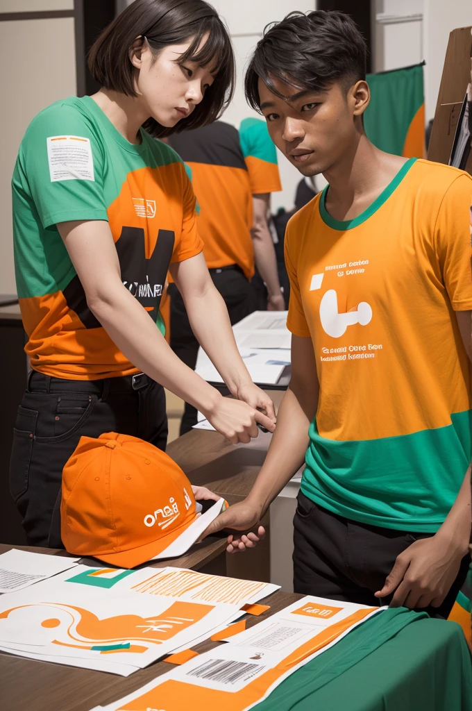 Create a shirt design for a geographic dialogue event with orange colors, cerulean, green and white