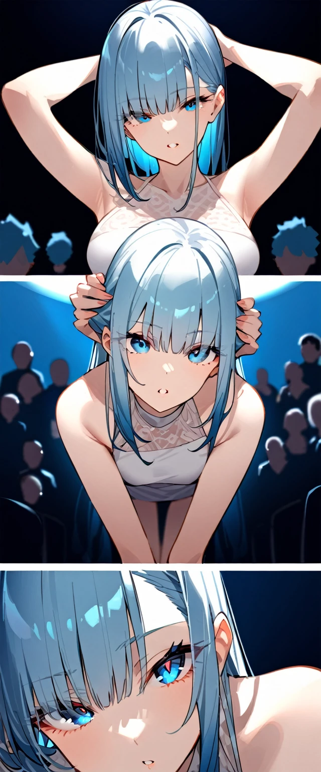 A 31-year-old beautiful woman holds her head high, Facing the audience. Her seductive lips open naturally. Her deep blue eyes locked directly on the audience&#39;s gaze. She has long white hair，Bangs crossed between eyes, and ponytail. Her Hair Uptake Adds to Beauty,She tilted her head slightly. She wore a white shirt with a black leather jacket and black pants，Highlights her perfection, Mature, anatomically correct body, High quality, This is a masterpiece of clear lines, and clean lining, (lamp room:1.13), Soft Light, (Natural skin texture:1.2), (Surrealism:1.2), sharp focus, concentrated,[[actual]]