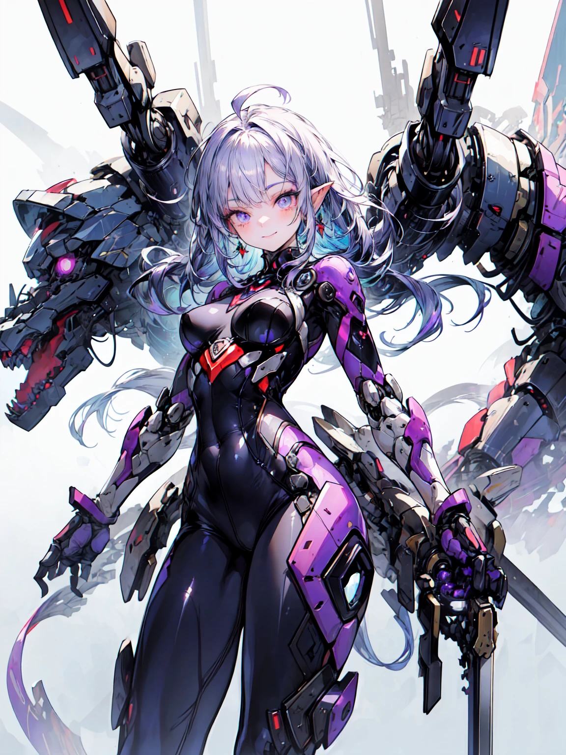 masterpiece，Highest quality，Super detailed，daughter，Blue eyes with red flames（1.3），Beautiful Face,Beautiful Eyes，Hand-held flame（1.3）Dark red sword，（Translucent body，Reflective skin），(((masterpiece))), (((Highest quality))), ((Super detailed)), (figure), (Detailed light), ((Very delicate and beautiful))，The surface of the mechanism is smooth， (Highly detailed skin:1.2)，Proper body balance、Perfect Anatomy，Complex Mechanical Body Suit、Mecha Corset、Tight Suit，（The mechanism is slightly transparent）20-year-old，The mech is ready，There are many blue flames around the figure（1.3）、Blake、（Dark Elf), (1 Girl), alone, Perfect Face, Get used to it, Ahoge, ((Long Hair:1.2)), [[Messy Hair]], 光沢のあるPurple Hair, Purple eyes, Variegated eyes, Purple Hair, Shining Eyes, (eyelash, eye shadow, purple eye shadow), bright, smile, Design Art：haruhiko mikimoto, by Kawashi, By Yoshitaka Amano