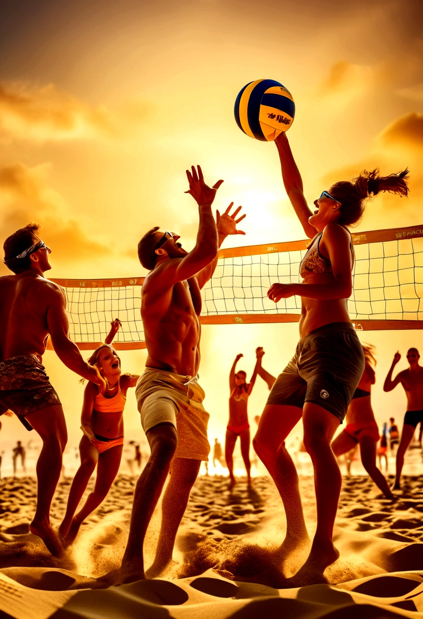 (Beach Volleyball player), Pixar style, children are happily playing volleyball on the beach, their faces filled with childlike joy. The background is a blue sky and a golden beach, and the picture is colorful, full of vitality and childlike fun, showcasing their gaming moments, full body, (Photography), panoramic view, award-winning, cinematic still, emotional, vignette, dynamic, vivid, (masterpiece, best quality, Professional, perfect composition, very aesthetic, absurdres, ultra-detailed, intricate details:1.3)