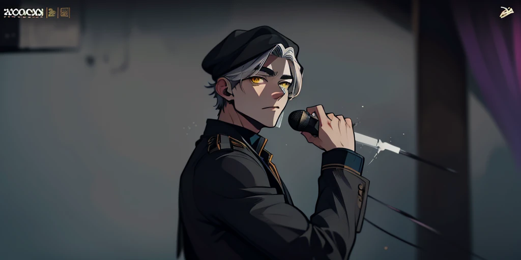 young man of 17 years yellow eyes white hair is sung