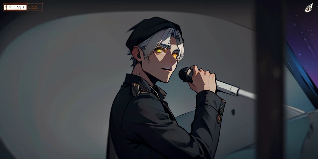 young man of 17 years yellow eyes white hair is sung