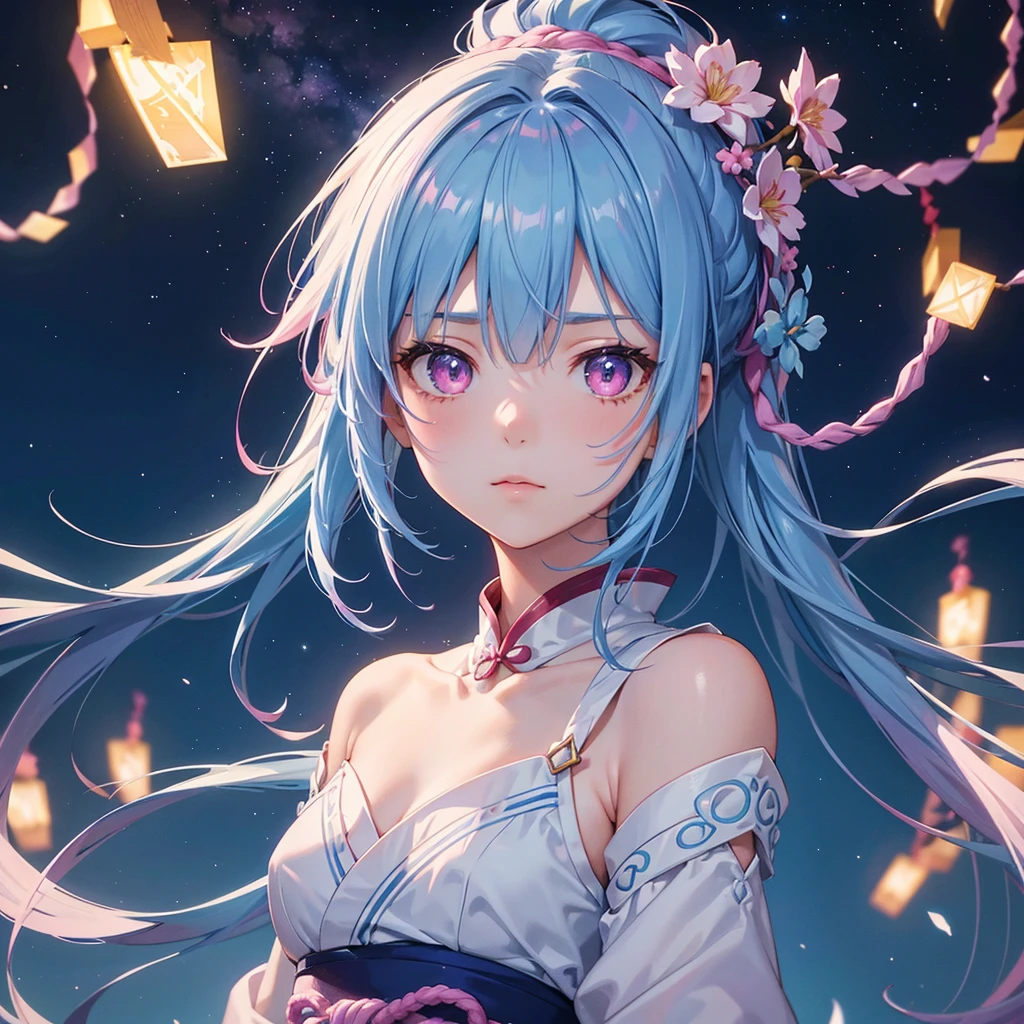 Sky blue hair, Braided Ponytail,(Pink Eyes),Fair skin ,(whole body),(One girl),Hanfu,The goddess,Tanabata,(A beautiful Milky Way in the night sky),Stern face,Straight bangs,(masterpiece, Highest quality, Very detailed, Best Shadow), (Detailed Background), (Beautifully detailed face), High Contrast, (Best lighting, Very delicate and beautiful), ((Cinematic Light)), colorful, Hyper Detail, Dramatic Light, Intricate details,
