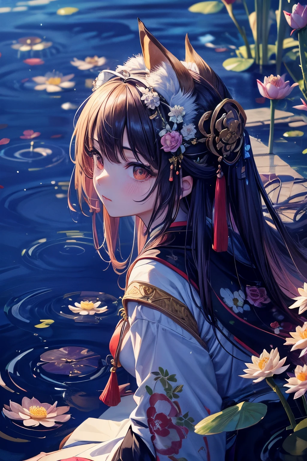 absurd, high resolution, Extremely detailed, (1 Girl:1.3), Hand Painted, Simple lines, 16-year-old girl wearing colorful Chinese Hanfu, Sexy fox ears girl, By the lotus pond, masterpiece, sitting in water, Floating clothes, Flowing hair
