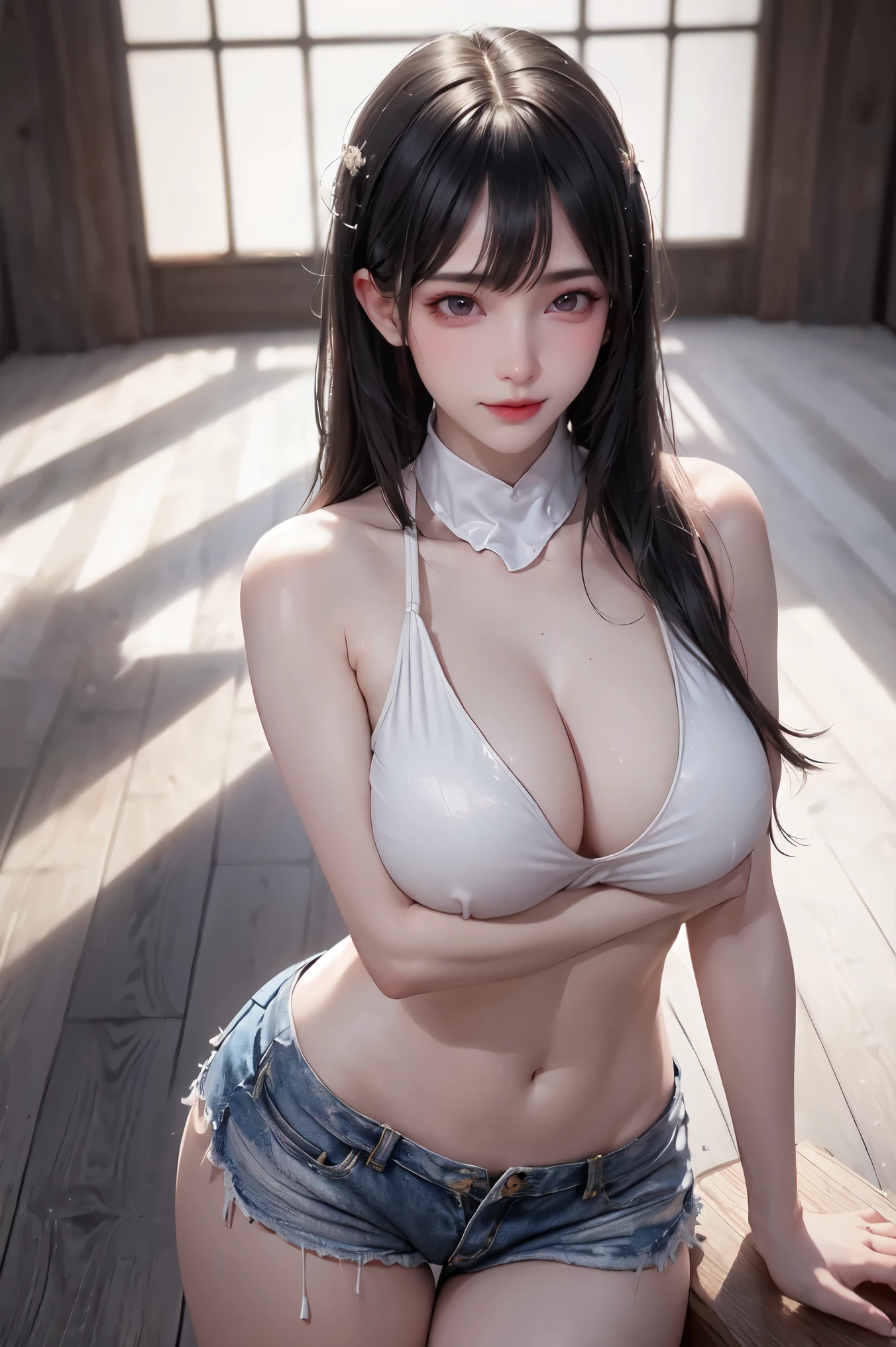 realistic, 1women, Best quality, 8k, (tank top), (wearing shorts), (big round breasts: 1.5), (round breasts:1.2), (slim body:1.0), (thighs:1.2), (body:1.2 ), white skin, super detailed, long hair, black hair, beautiful face