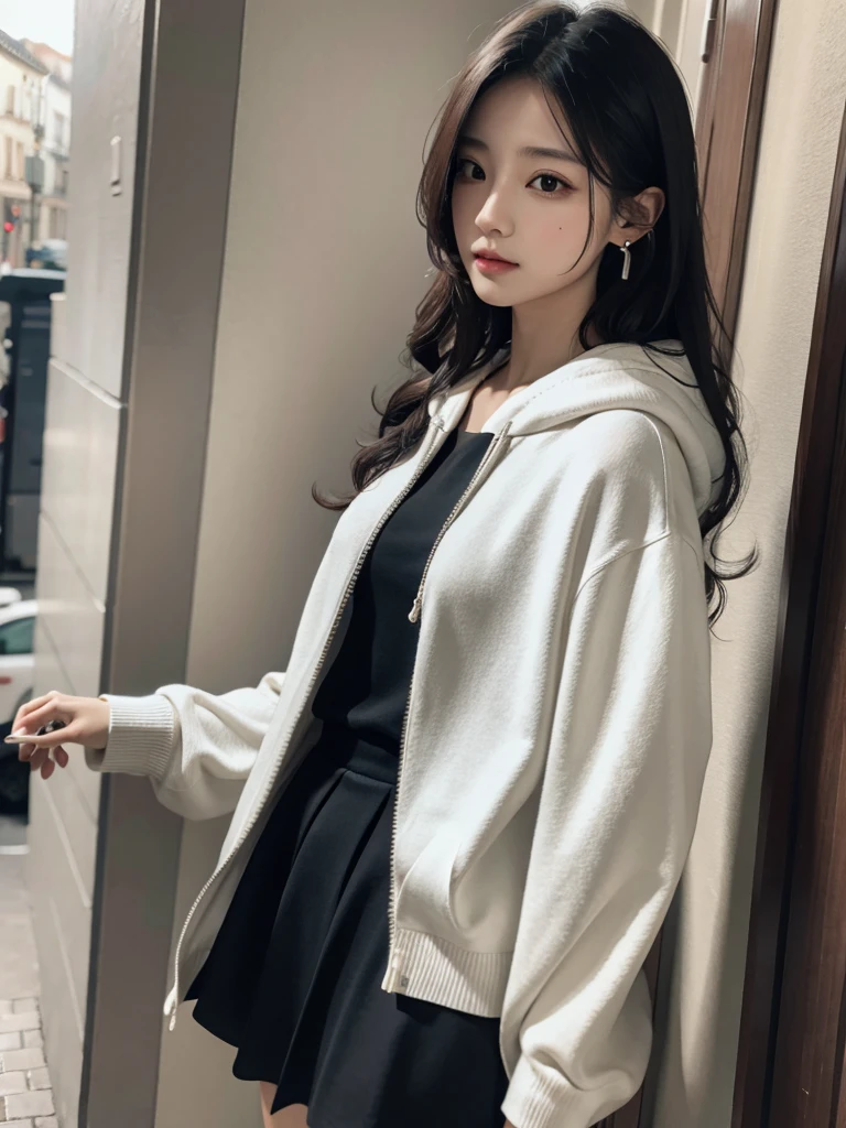absurdres, RAW photo, extremely delicate and beautiful, masterpiece, Best Quality, ultra high resolution, 32k, hyperrealistic, ultra-detailed, delicate facial features, beautiful detailed woman, tearful mole, earring, medium breasts, full body shot, medium hair, black hair, wavy hair, collared dress shirt, hoodie, skirt,