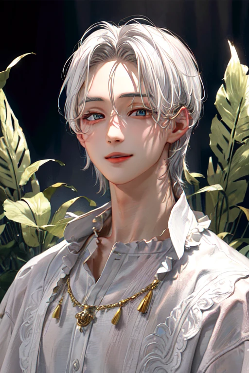 (Absurd, High resolution, Super detailed), 1 male, disheveled white hair, Aquamarine Eyes, White eyelashes,smile, Joy Joy,Visual Arts, occult, universal, Vision Casting, Artistic,