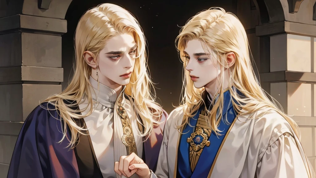Middle Ages, One, Castlevania Lord handsome, a thin man heads a monastery, beautiful robe, white fabric clothes, A cross hangs around my neck, priest, dynamic pose, super detailed face, long hair, blonde hair, Sharp facial features, adult, handsome man, heavenly eyes, beautiful hands, in a beautiful garden, deep light, detailed face, A thoughtful look , beautiful fingers