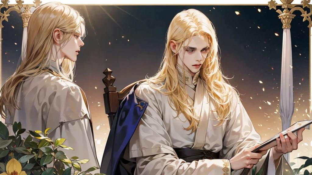 Middle Ages, One, Castlevania Lord handsome, a thin man heads a monastery, beautiful robe, white fabric clothes, A cross hangs around my neck, priest, dynamic pose, super detailed face, long hair, blonde hair, Sharp facial features, adult, handsome man, heavenly eyes, beautiful hands, in a beautiful garden, deep light, detailed face, A thoughtful look , beautiful fingers