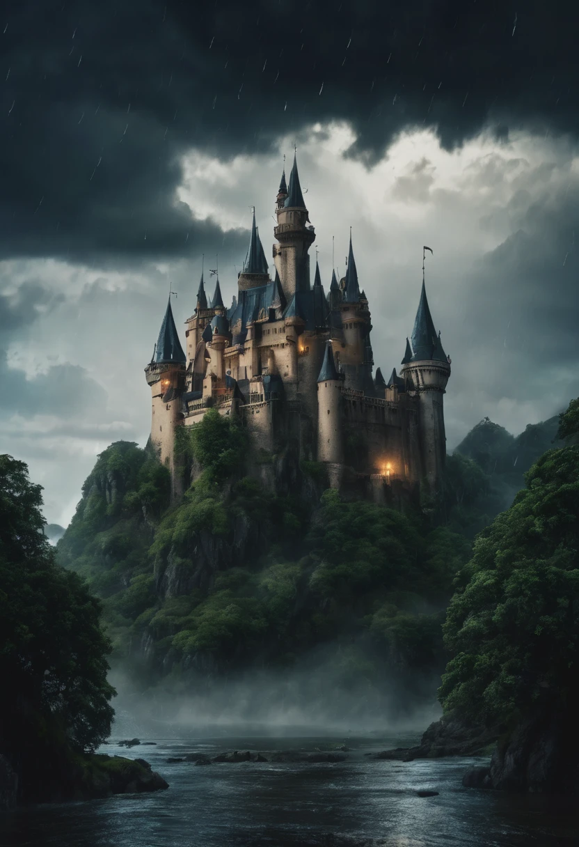 A cinematic image of a beautiful castle , dark rainy theme , fantasy themed , magical fantasy , perfect architecture, thunders in sky , cinematic