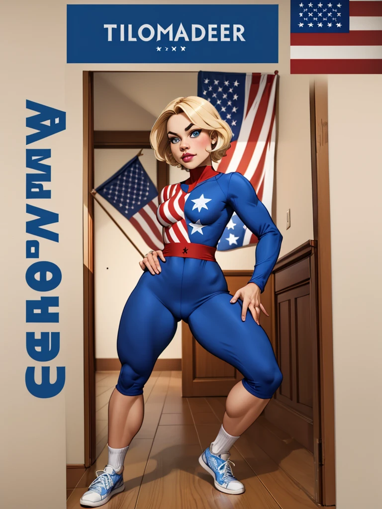Young female, short blonde hair, wearing a blue outfit, wearing the Homelander costume, The Boys, Dressed in the Homelander outfit, wearing the United States flag on the cover