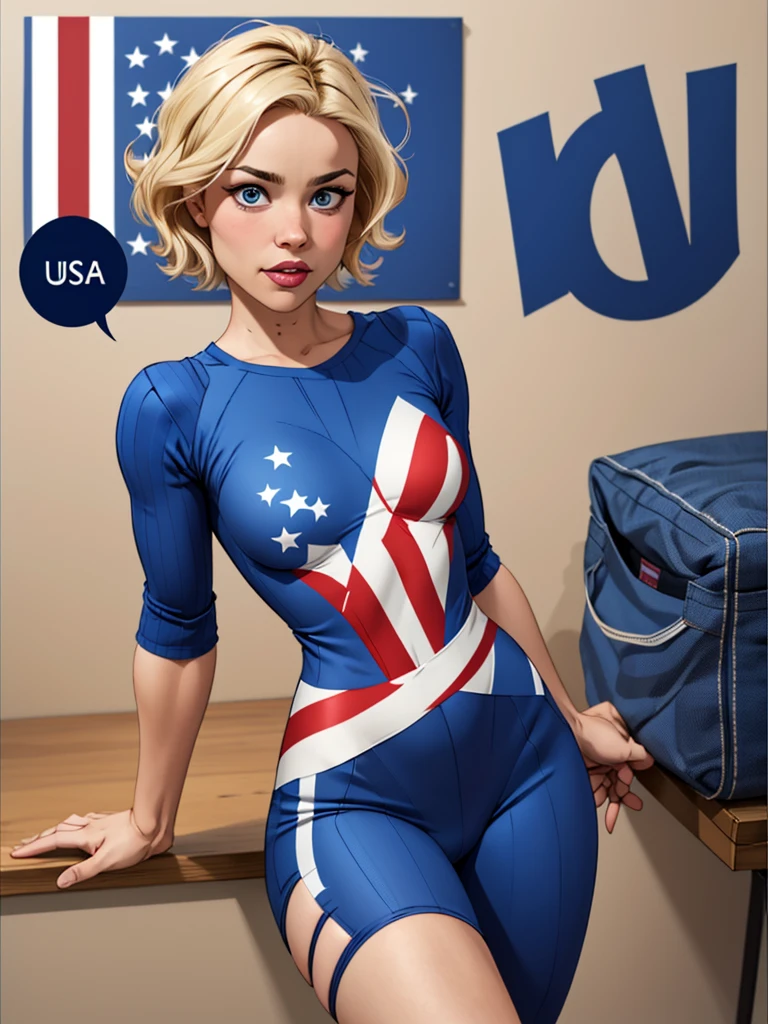 Young female, short blonde hair, wearing a blue outfit, wearing the Homelander costume, The Boys, Dressed in the Homelander outfit, wearing the United States flag on the cover