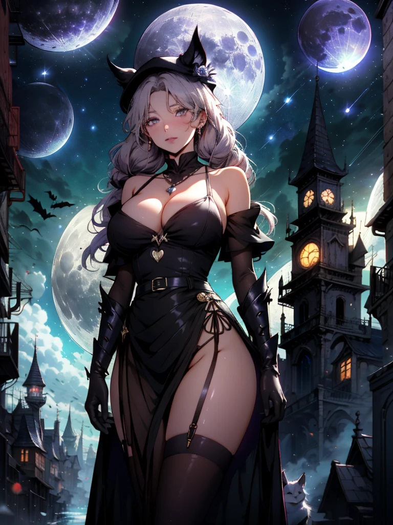 full moon, moon, night, night sky, cat, moonlight, star \(sky\), starry sky, black cat, sky, castle, red moon, bat, bow, animal, blurry, pink bow, striped, crescent moon, sun, cloud, blurry background, twintails, necklace, city, hair bow, black hair, fangs, depth of field, outdoors, jewelry, town, city lights, building, clock tower, long hair, bird, graveyard, halloween, white cat, purple eyes, dress, magisa, 1girl, adult female, solo, silver long hair, red eyes, narrowed eyes, gigantic tits, large brim hat, pelvic curtain, black dress, red dress, belt, cleavage, bare shoulders, gloves, garter, thighhighs, see-through dress, swim wear, flames, wand, fur, 1girl, seductive, delicate, bikini armor, pasties
