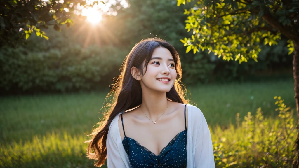 One 20-year-old woman with a very cute face like an idol、A slight smile、Cleavage、((Beautiful starry sky))、(Looking into the distance)、(((Natural light inside at night)))、RAW Photos、Genuine、live-action、(Artistic Expression)、High resolution、masterpiece