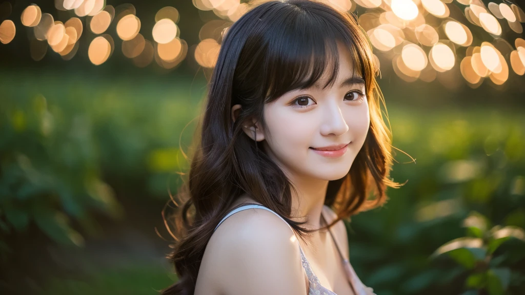 One 20-year-old woman with a very cute face like an idol、A slight smile、Cleavage、((Beautiful starry sky))、(Looking into the distance)、(((Natural light inside at night)))、RAW Photos、Genuine、live-action、(Artistic Expression)、High resolution、masterpiece