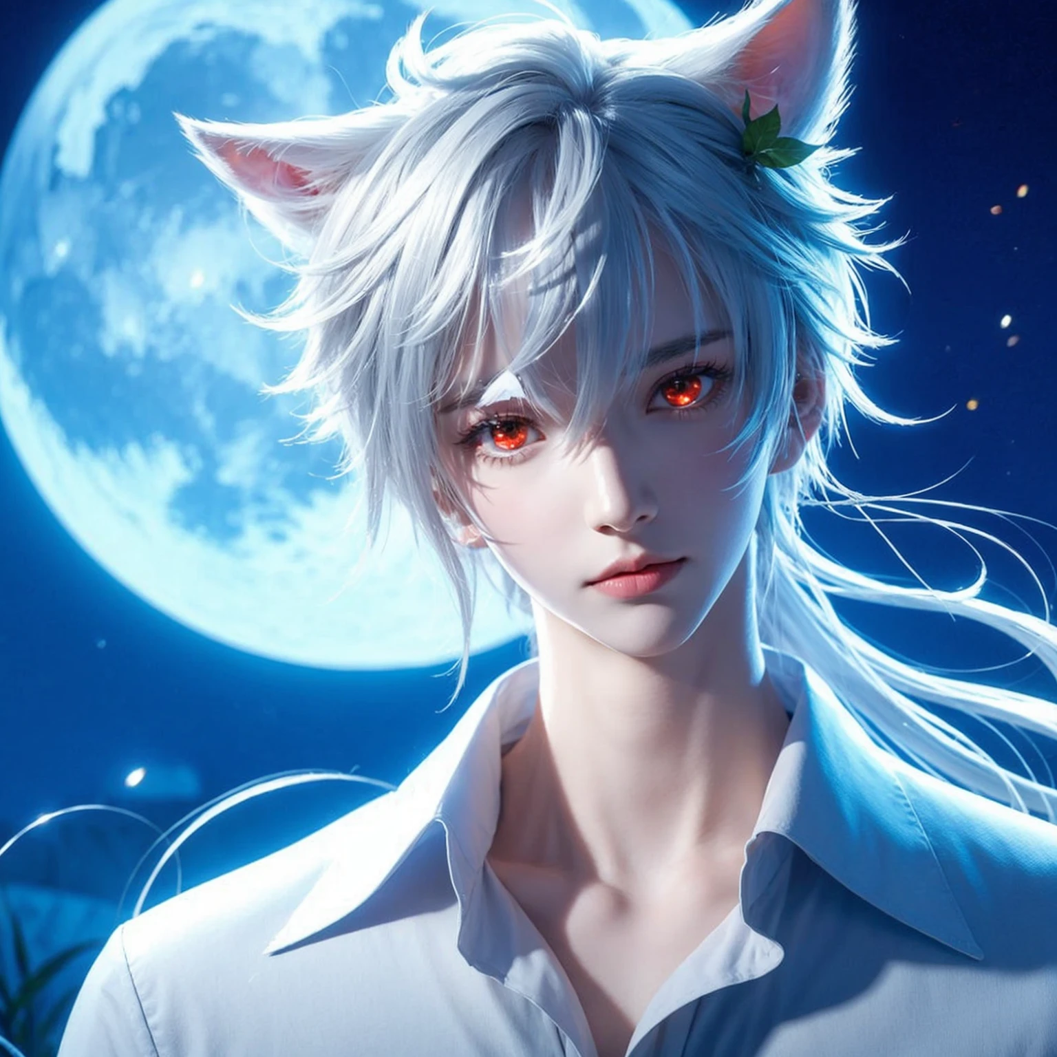 Handsome boy, white hair, scarlet eyes, white wolf ear, with green leaves on his hair, wearing plain white dress shirt, blue full moon, nighttime, fierce look