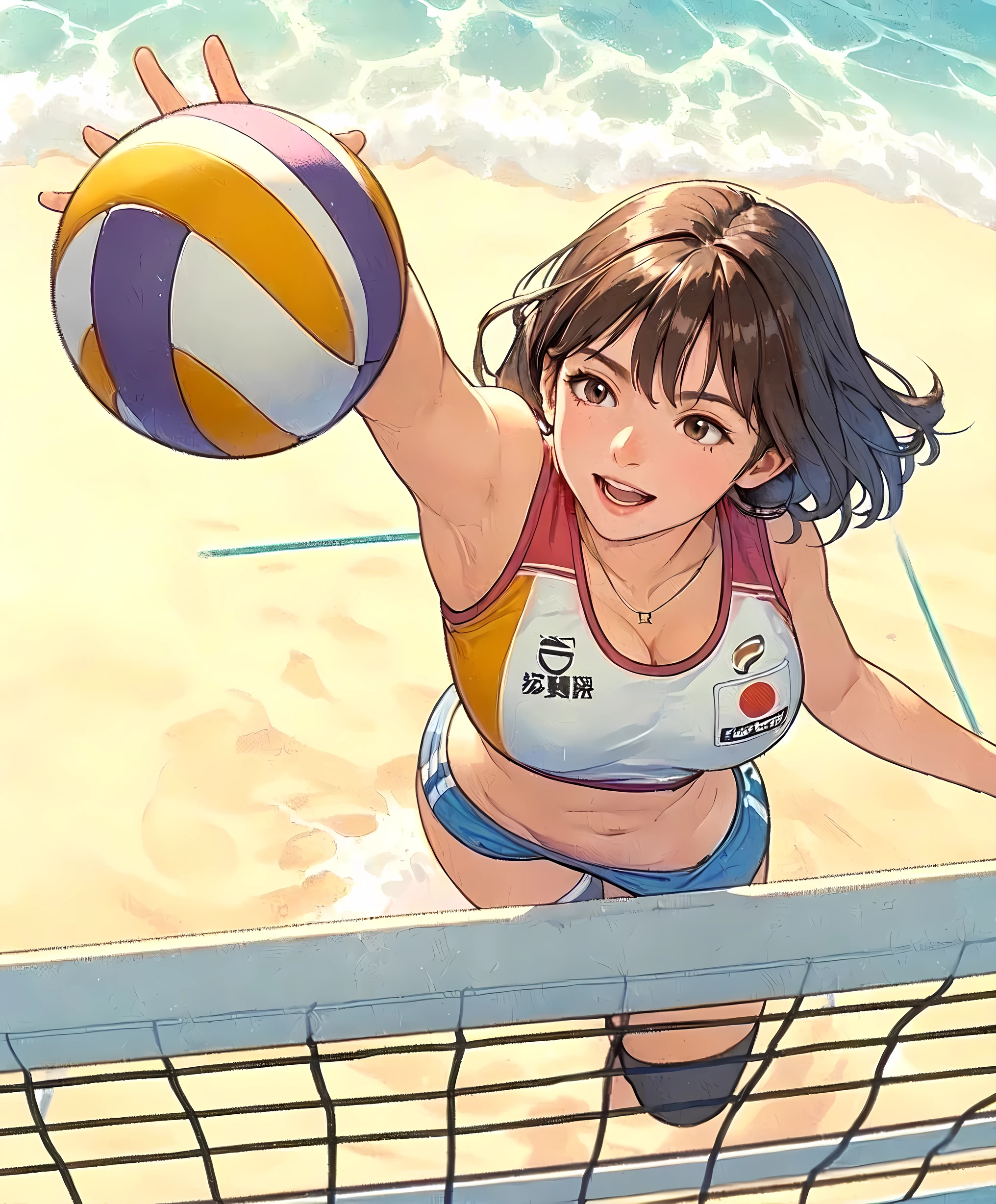 1lady solo, from above, (jumping high) (right next to net), (looking up at ball), (striking the ball with one hand) spiking, (dynamic posing), (beach volleyball player), (uniform with company logo) cropped top, (mature female:0.8), /(light brown hair/) bangs, light smile, (masterpiece best quality:1.2) delicate illustration ultra-detailed, medium breasts, (muscle:0.6) BREAK (sandy beach) outdoors, (beach volleyball court), flying sand, blue sky, detailed background