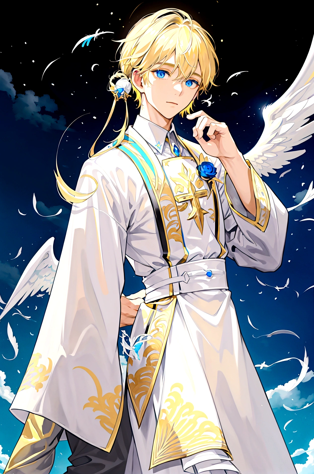 Divide the picture into two halves. The upper half is a light-colored sky consisting of two main colors: white and yellow, with surrounding decorative motifs related to light, gods, and angels. The bottom half is an ocean with dark tones consisting of two main colors: blue and white, the surrounding decorative motifs are schools of small fish. In the upper half, there will be a guy with blond hair and black eyes holding his hand down. At the bottom there will be a guy with black hair and blue eyes raising one hand upward. The fingers of the two of them touched each other.