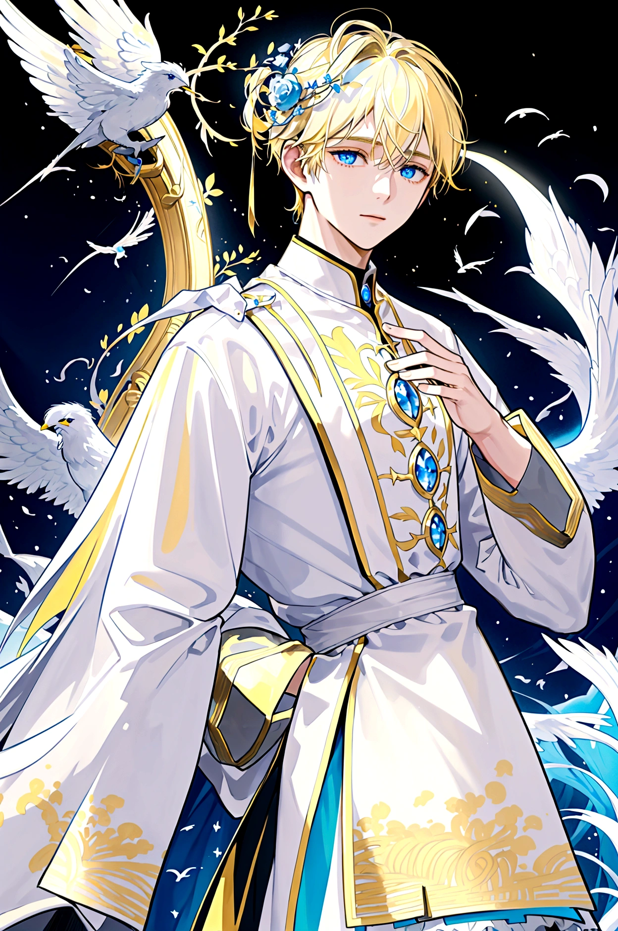 Divide the picture into two halves. The upper half is a light-colored sky consisting of two main colors: white and yellow, with surrounding decorative motifs related to light, gods, and angels. The bottom half is an ocean with dark tones consisting of two main colors: blue and white, the surrounding decorative motifs are schools of small fish. In the upper half, there will be a guy with blond hair and black eyes holding his hand down. At the bottom there will be a guy with black hair and blue eyes raising one hand upward. The fingers of the two of them touched each other.