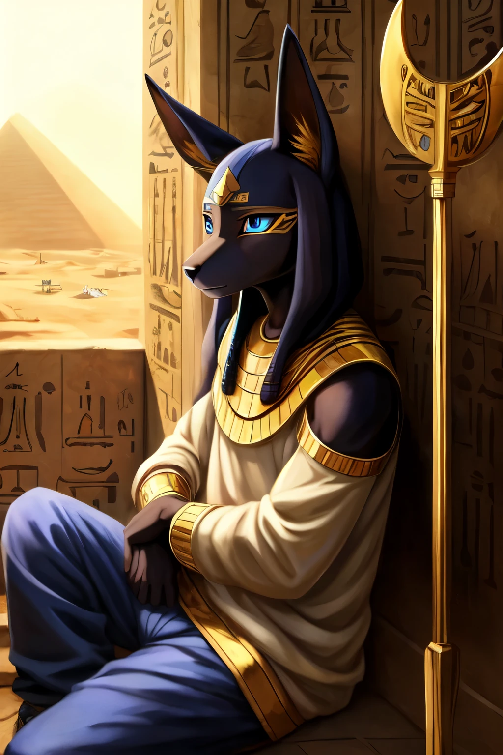 ((best quality)), ((masterpiece)), (detailed), 1boy, furry, kemono, god anubis, anubis, sitting, sad, egypt, jumper, pants, golden scythe, blue eyes, 