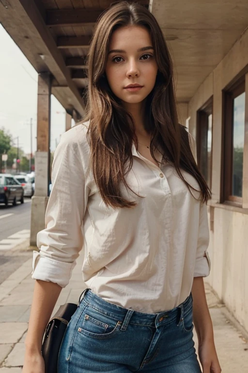 woman, 20 age old, Pretty and good looking, long brown hair, american style, Shirt und Jeans