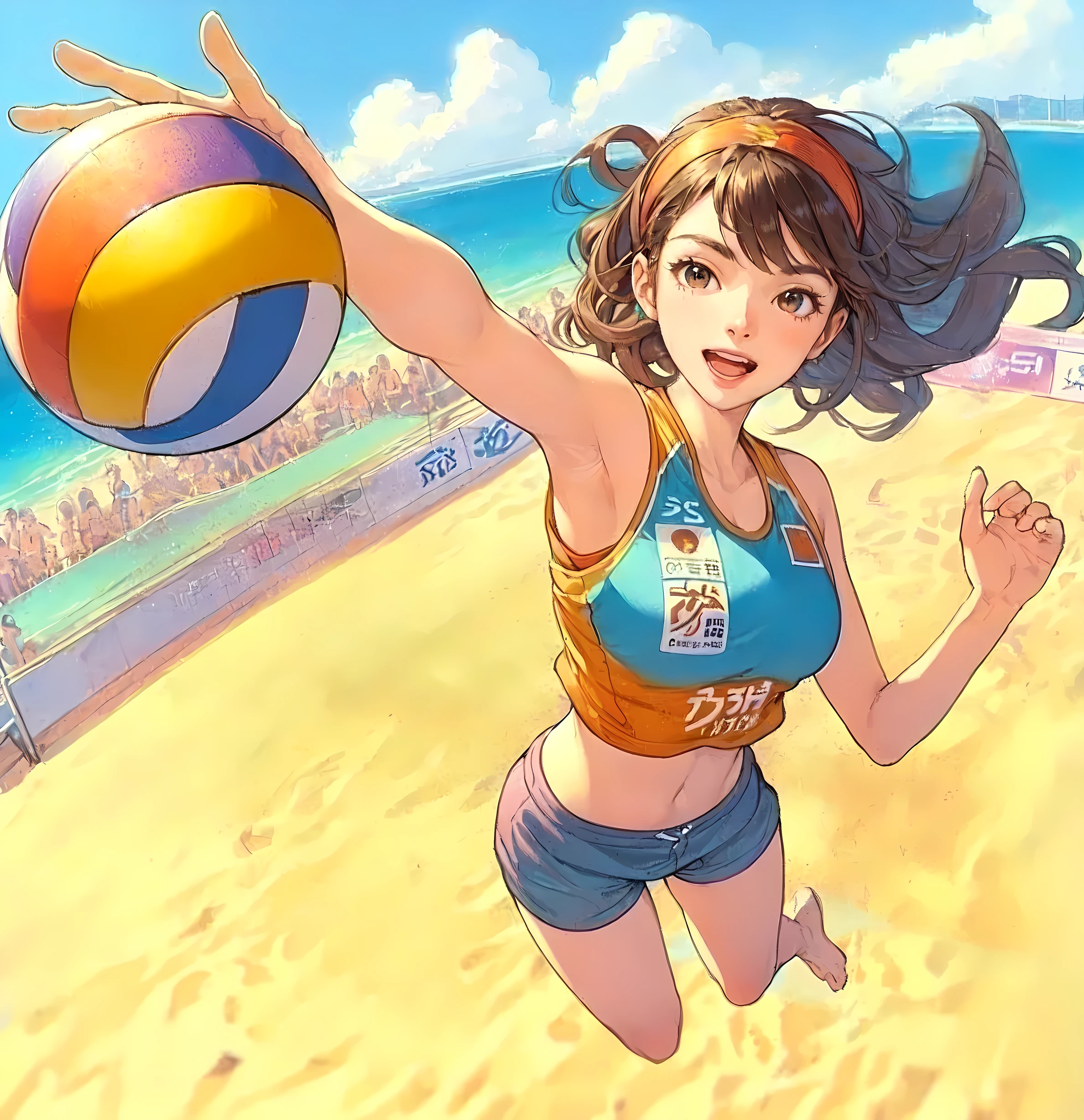 1lady solo, from above, (jumping high) (right next to net), (looking up at ball), (striking the ball with one hand) spiking, (dynamic posing), (beach volleyball player), (uniform with company logo) cropped top, (mature female:0.8), /(light brown hair/) bangs, light smile, (teeth:0.8), (masterpiece best quality:1.2) delicate illustration ultra-detailed, medium breasts, (muscle:0.6) BREAK (sandy beach) outdoors, (beach volleyball court), flying sand, blue sky, detailed background