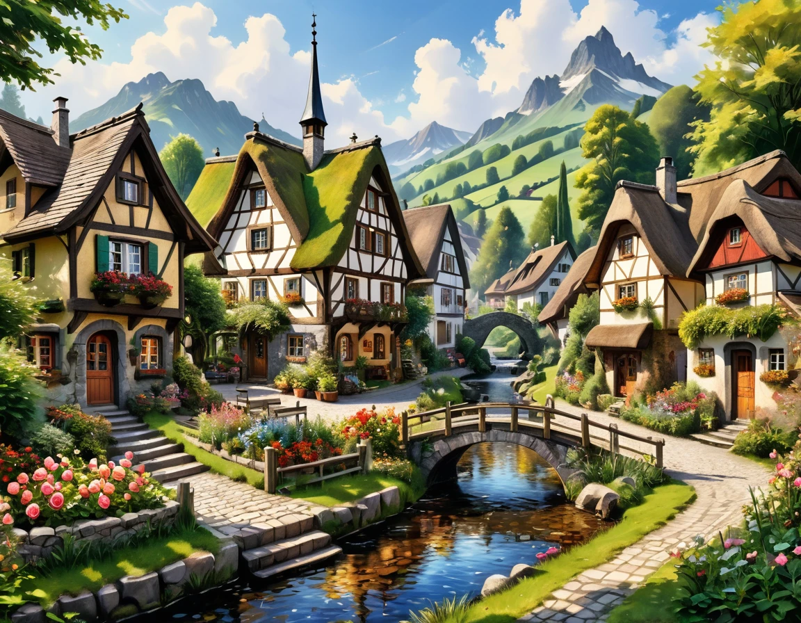 Cobblestone houses, cobblestone chimneys all with smoke rising, rich vibrant flower hedges everywhere, small creek and waterfall, mini benches, mini old street, mini boats, small houses, mini alpine village, mini bridge, mini village, cozy houses, mini world, mini old houses, village in Switzerland small cozy cottages, roses, village street, rustic style, luis royo, van Gogh, Thomas kinkade, Leonid Afremov, germany, pond, stream, german plants, german architecture, german flowers, sunny day with clouds, germany colors, Mysterious, Mysterious, Watercolor, trending on artstation, sharp focus, studio photo, intricate details, highly detailed, by greg rutkowski, Watercolor, trending on artstation, sharp focus, studio photo, intricate details, highly detailed, by greg rutkowski