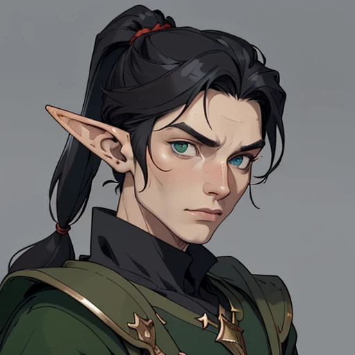 (masterpiece), (best quality),(portrait),(bust up),1boy,solo,(sharp focus),((look at viewer)),,elf, elf priest,(redhead),adult, (ancient:1)elf, elf ranger,(black hair),adult, (ancient:1),),ancient luxurious long clothes,old school fantasy art,((simple background)),super shiny face,Ultra Glossy Skin,pony tail,green outfit,Suspicious
