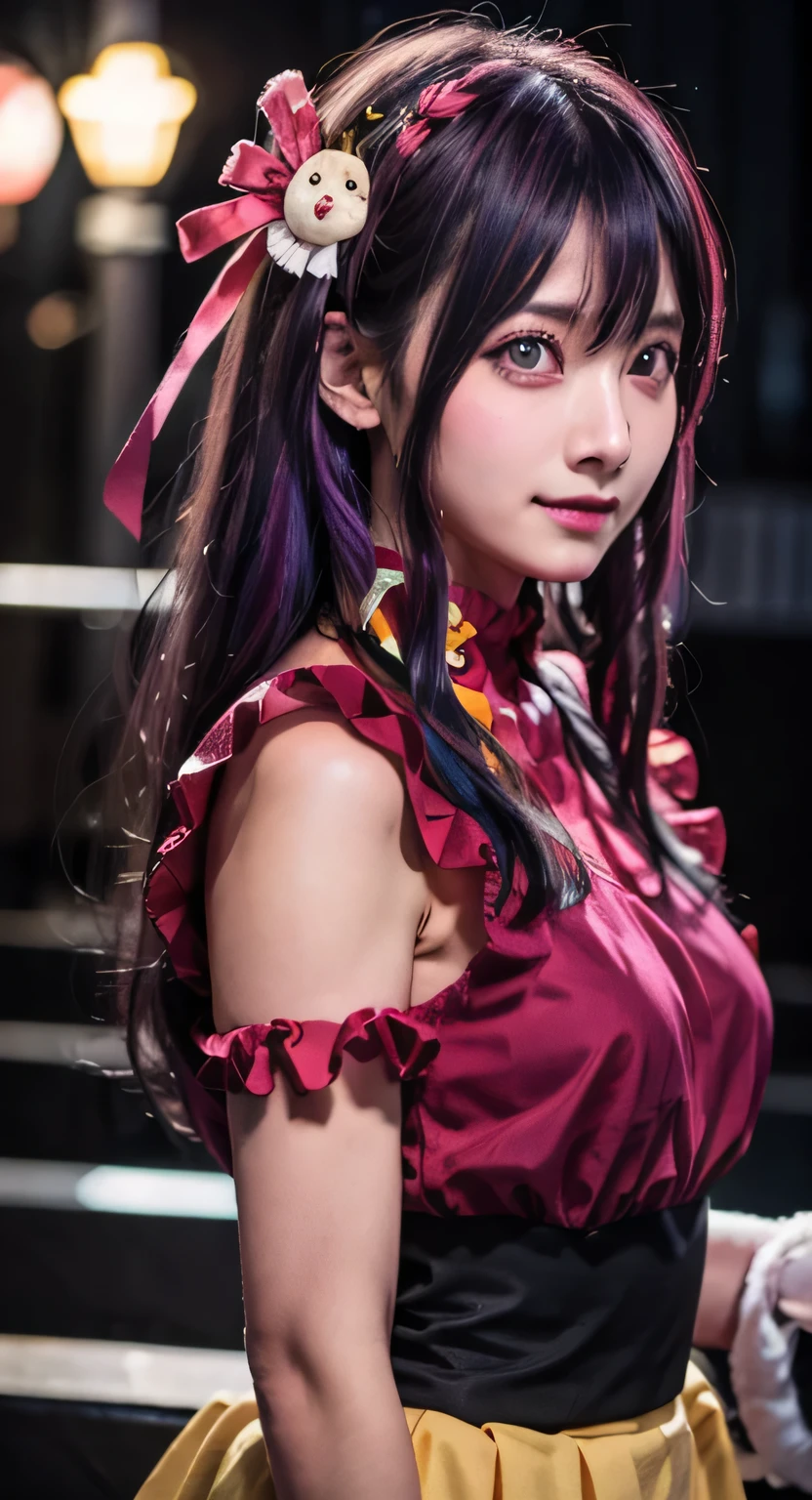 masterpiece, RAW Photos, 8K Ultra High Resolution, fine grain, Detailed face, Highest quality, Very detailed,alone, hoshinoai, skirt, Pink gloves, hair ornaments, View your audience, heart, Purple eyes, Light purple hair,  