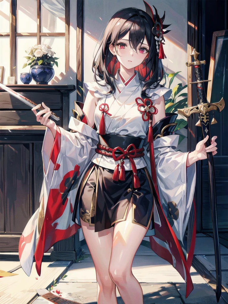 absurdres, RAW photo, extremely delicate and beautiful, masterpiece, Best Quality, ultra high resolution, 32k, hyperrealistic, ultra-detailed, delicate facial features, beautiful detailed woman, tearful mole, earring, medium breasts, full body shot, medium hair, black hair, wavy hair, inside shrine, red-black costume, holding a sword, Onmyoji, nobushi, Flowing white robe,