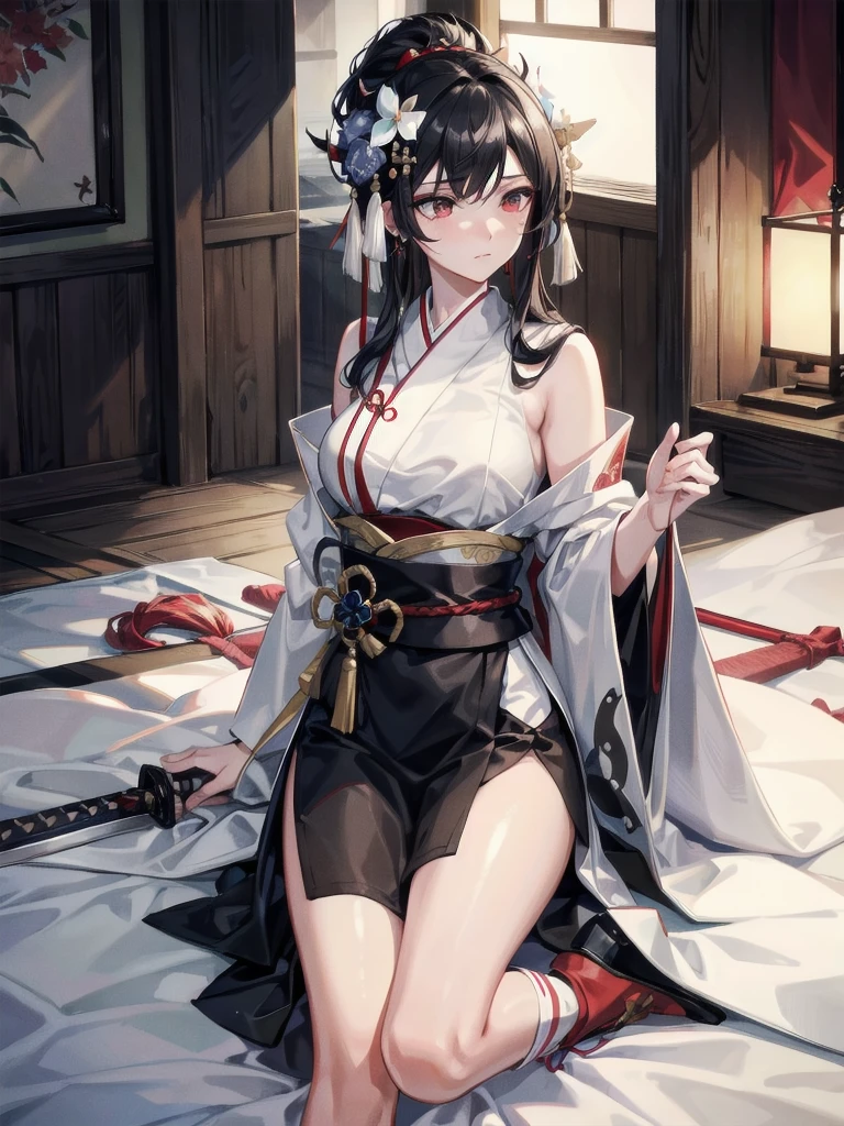 absurdres, RAW photo, extremely delicate and beautiful, masterpiece, Best Quality, ultra high resolution, 32k, hyperrealistic, ultra-detailed, delicate facial features, beautiful detailed woman, tearful mole, earring, medium breasts, full body shot, medium hair, black hair, wavy hair, inside shrine, red-black costume, holding a sword, Onmyoji, nobushi, Flowing white robe,