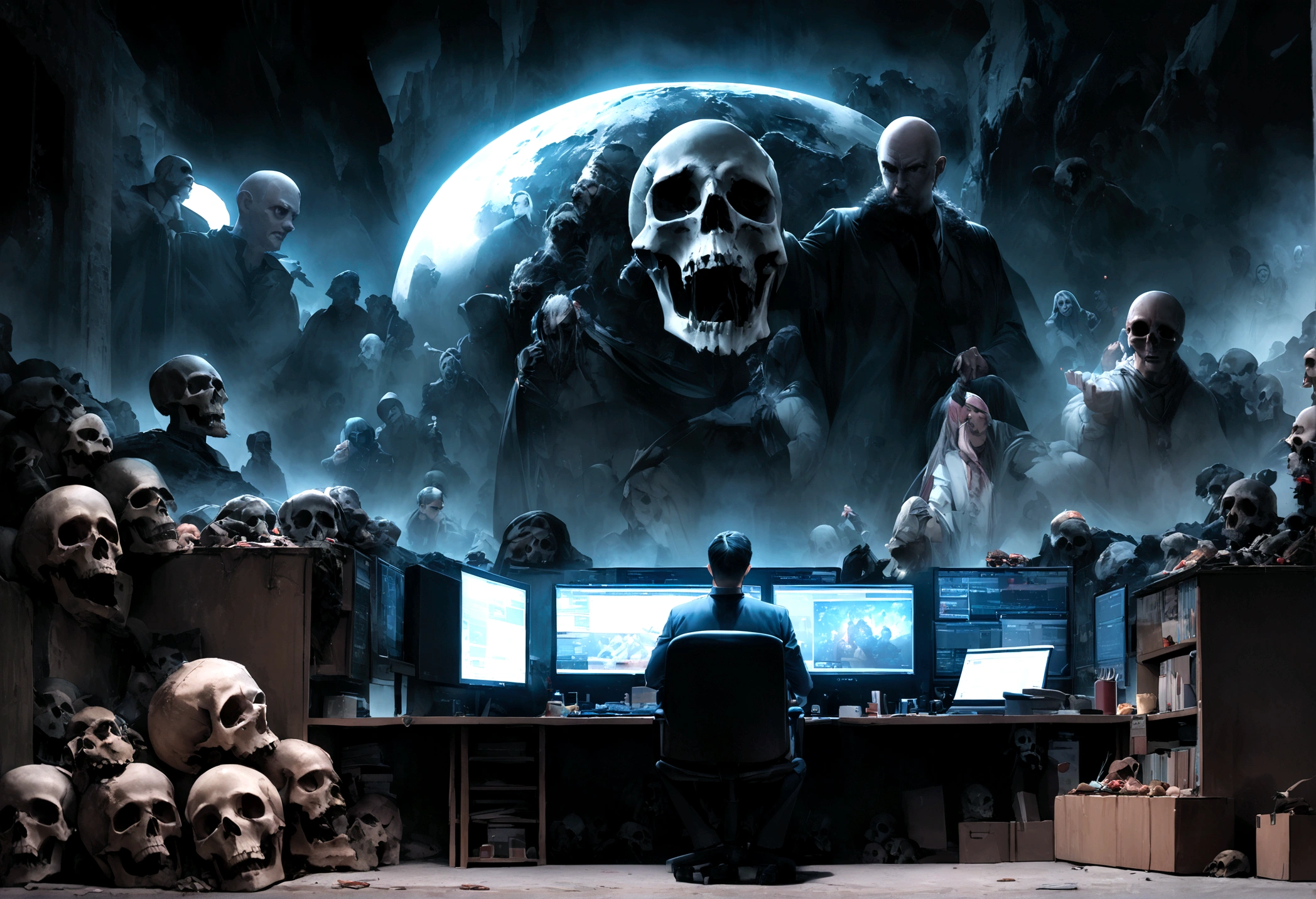 Prompt: "An evil skull day trader sitting in front of the computer doing trading, top quality picture. Add the text 'Eder Santo Professional trader investments Creating terror in the market' in the image."